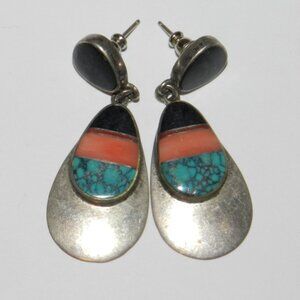 Navajo John Charley Silver 925 - Turquoise Lapis Inlay Earrings 13.3g